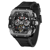 REEF TIGER RGA3009 All Black Men Fashion Flywheel Skeleton Automatic Mechanical Watches - Multifunctional Day/Date Skeleton Watch
